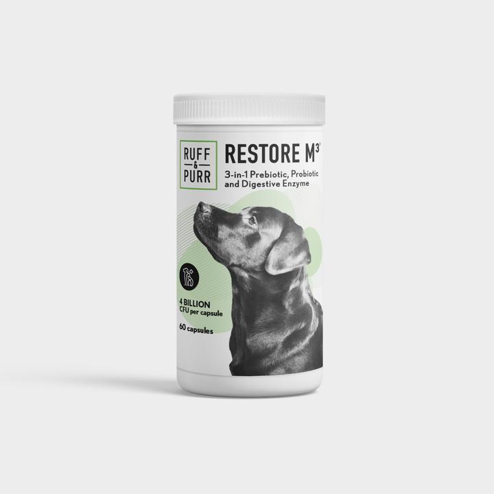 Photo of bottle of dog and cat probiotic product Restore M3