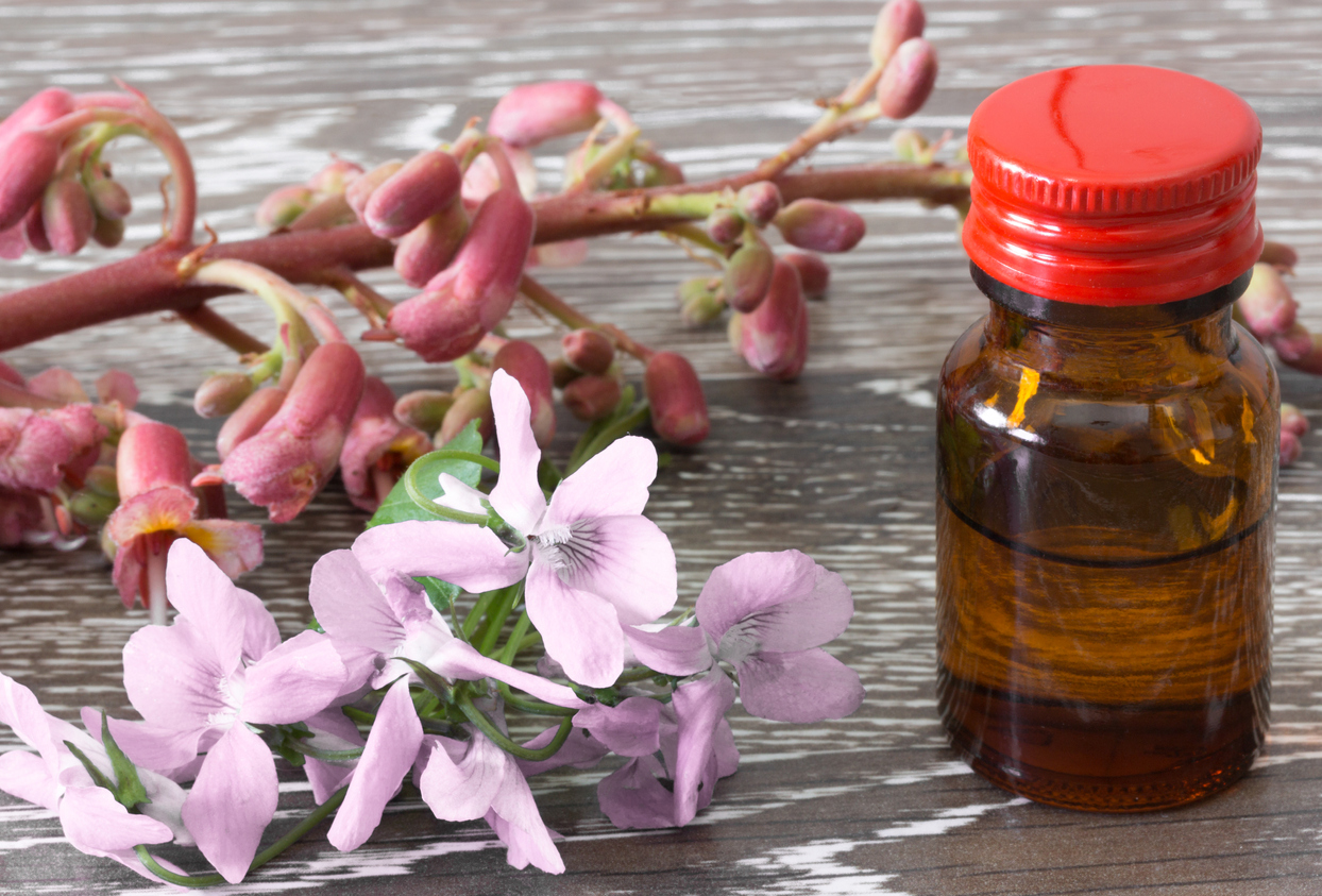 Bottle of herbal tincture and orchid flowe