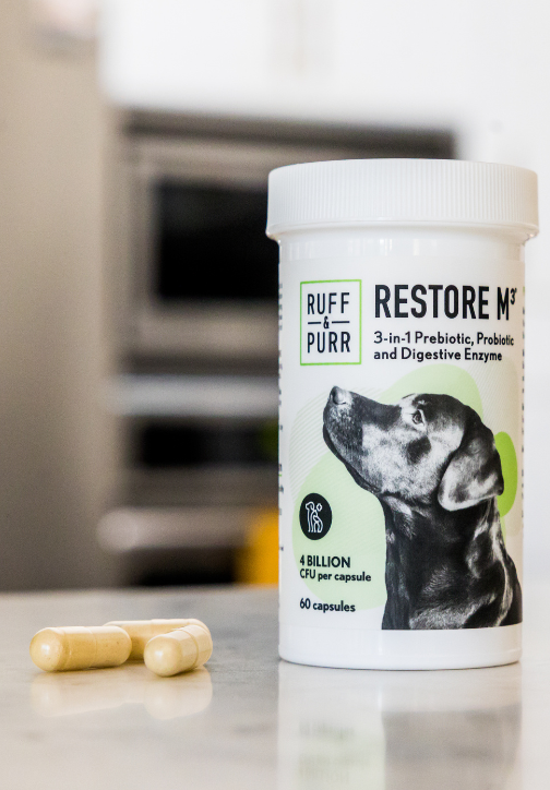 Bottle of Restore M3® sitting on a counter with a few capsules sitting on the counter
