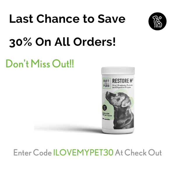 Ad Image of Bottle of Ruff & Purr's Restore M3® Saving 30% with Code ILOVEMYPET30