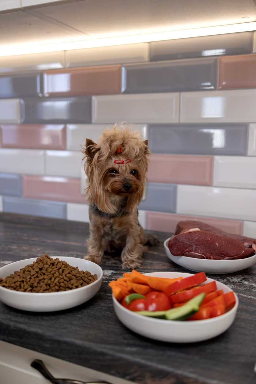 small dog on counter with bowl of kibble, veggies and protein