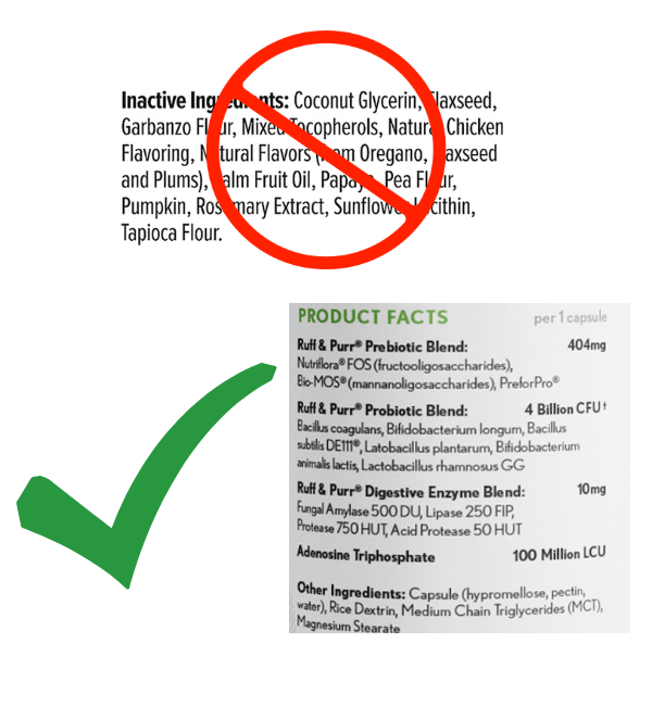 examples of filler ingredients in a probiotic dog treat product vs. non filler ingredients in a probiotic capsule product