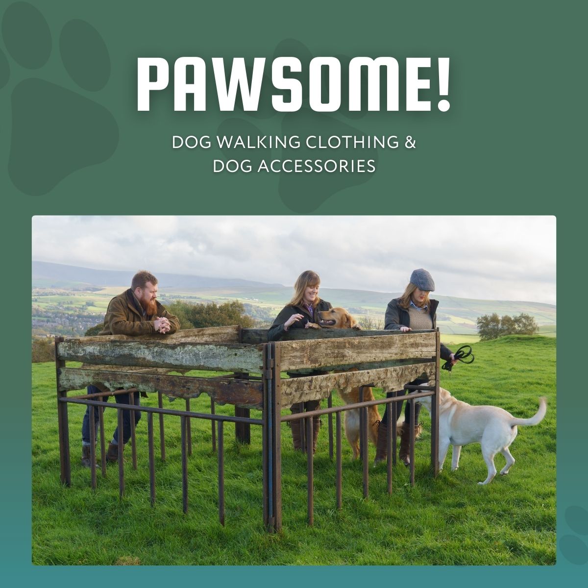 2 women and a man leaning against a sqaure cattle feeder, playing with a golden retreiver and a white labrador.