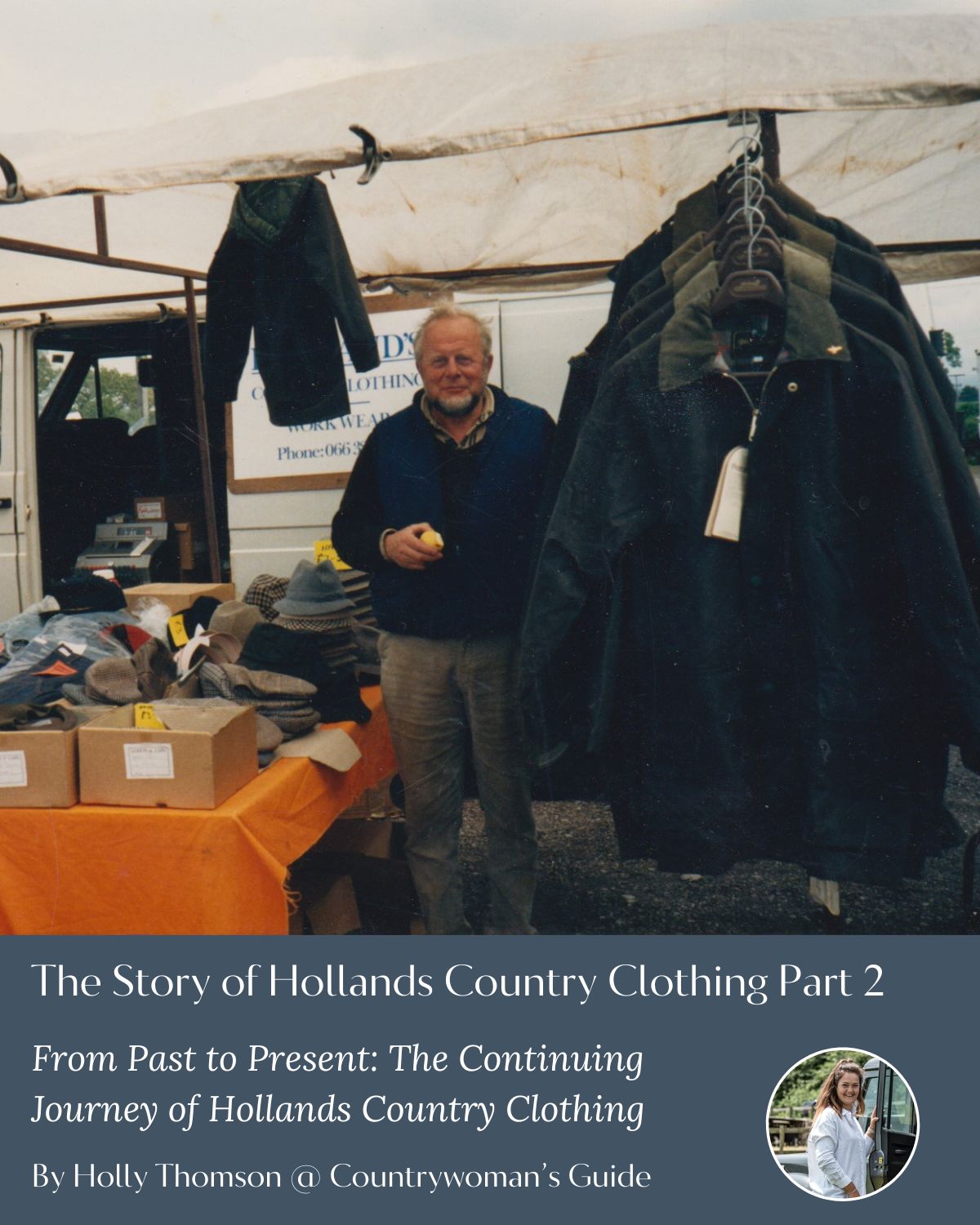 Malcolm Holland standing in a clothing market stall smiling, with an apple in his hand.