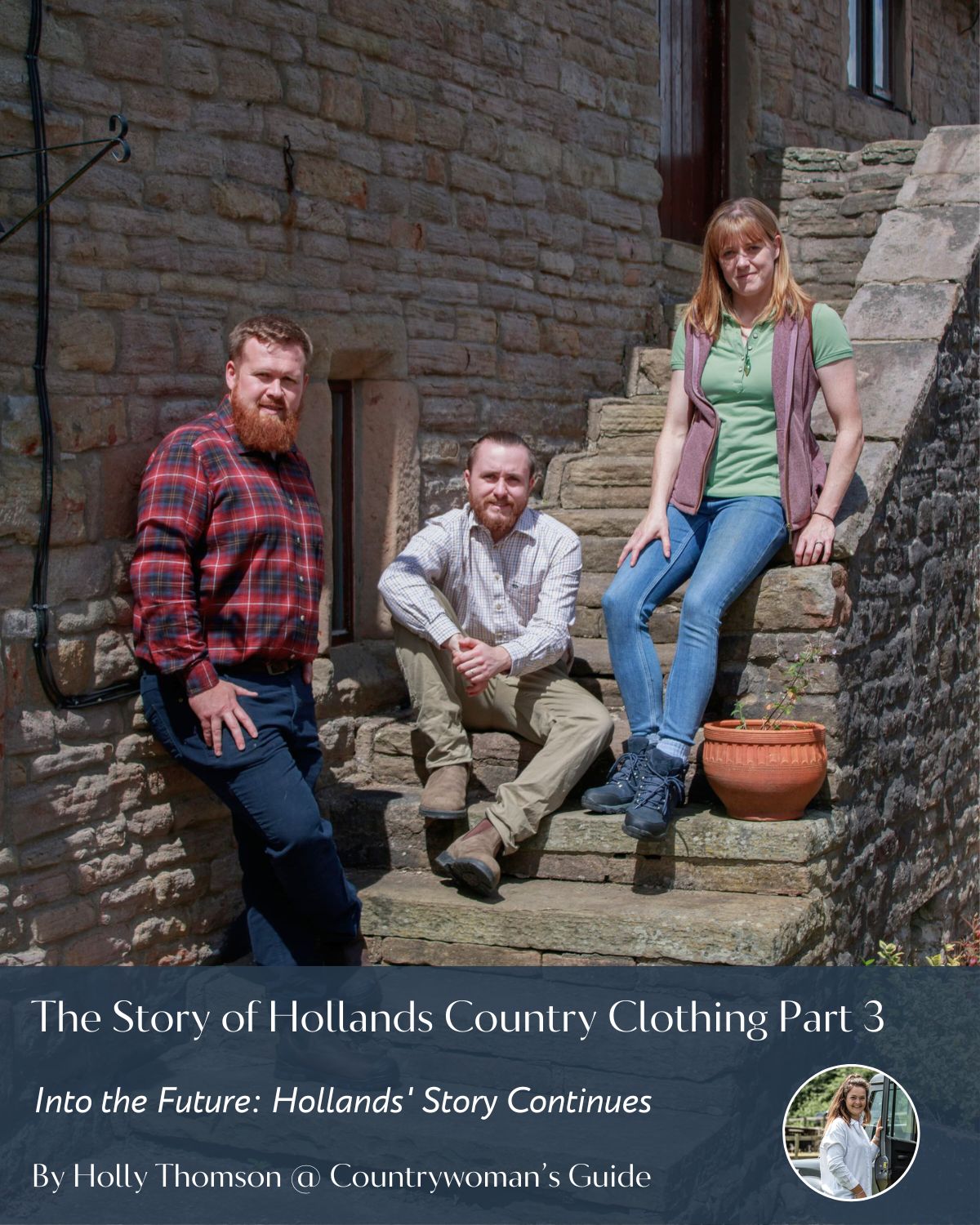 The Holland siblings sitting on stone steps outside a stone cottage.